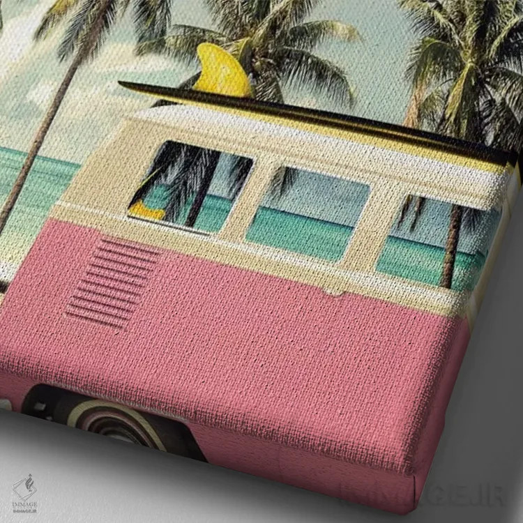 تابلو دکوراتیو اتوبوس ساحلی صورتی اثر دیزاین فابریکن - نمای نزدیک بافت بوم