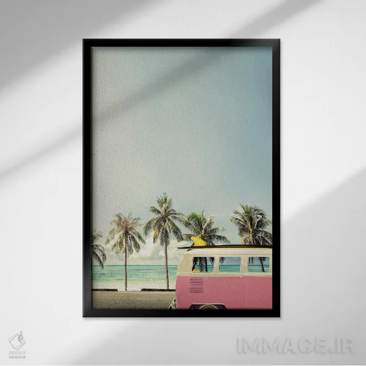 تابلو دکوراتیو اتوبوس ساحلی صورتی اثر دیزاین فابریکن - نمای قابدار مشکی