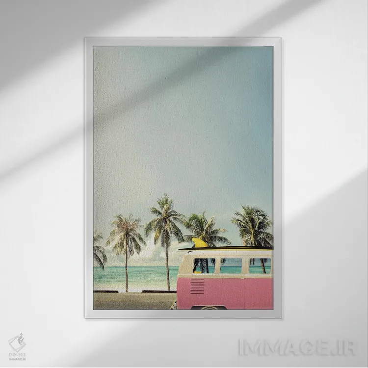 تابلو دکوراتیو اتوبوس ساحلی صورتی اثر دیزاین فابریکن - نمای قابدار سفید