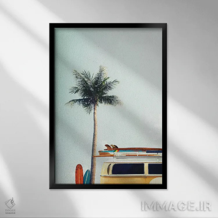 تابلو دکوراتیو اتوبوس ساحلی زرد اثر دیزاین فابریکن - نمای قابدار مشکی
