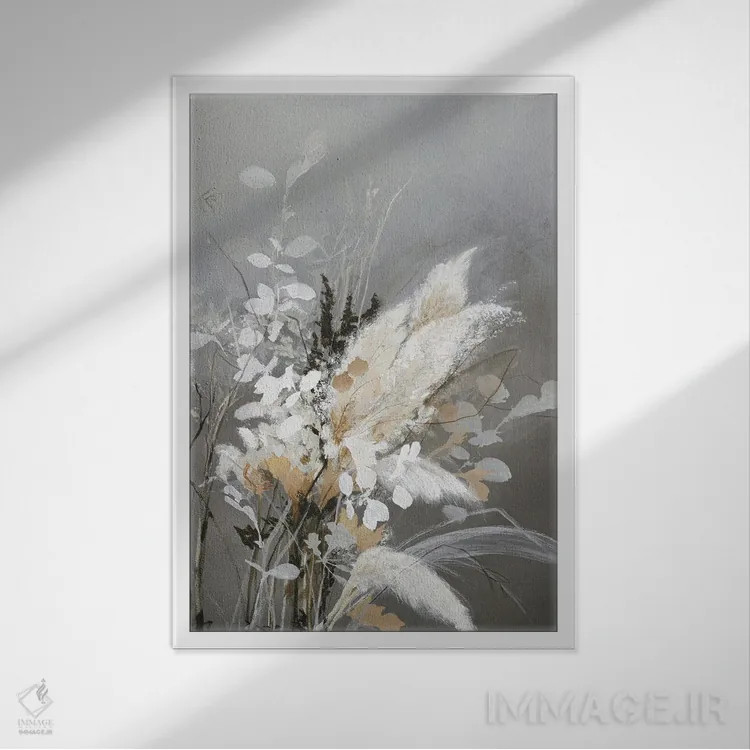 تابلو دکوراتیو برگ های روشن ۲ اثر دیزاین فابریکن - نمای قابدار سفید