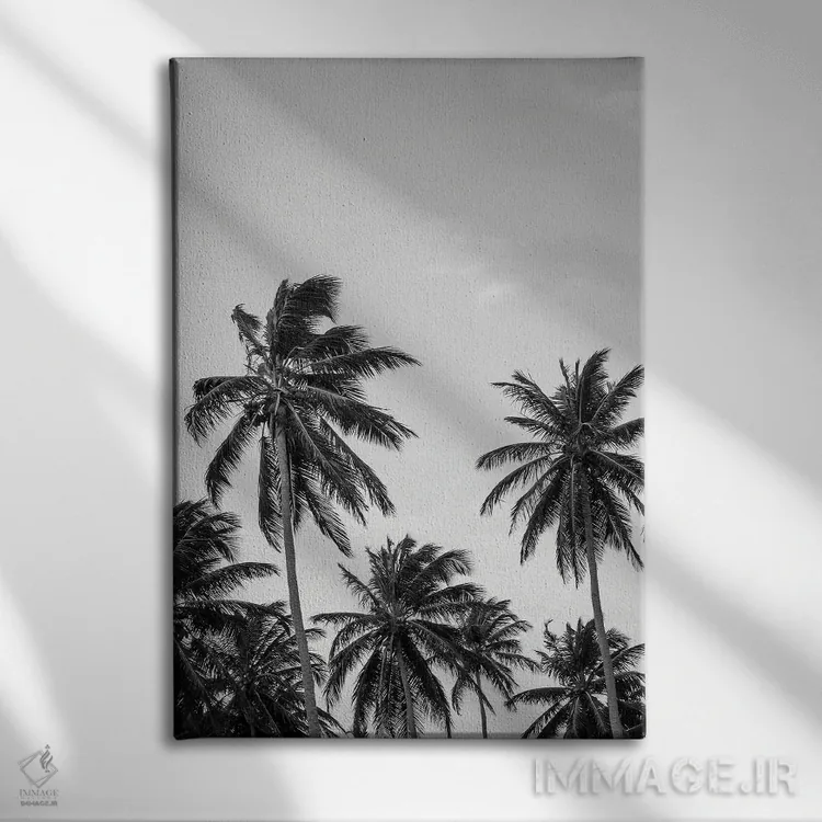 تابلو دکوراتیو نخل ها در فضای خاکستری اثر دیزاین فابریکن - نمای روبهرو روی دیوار
