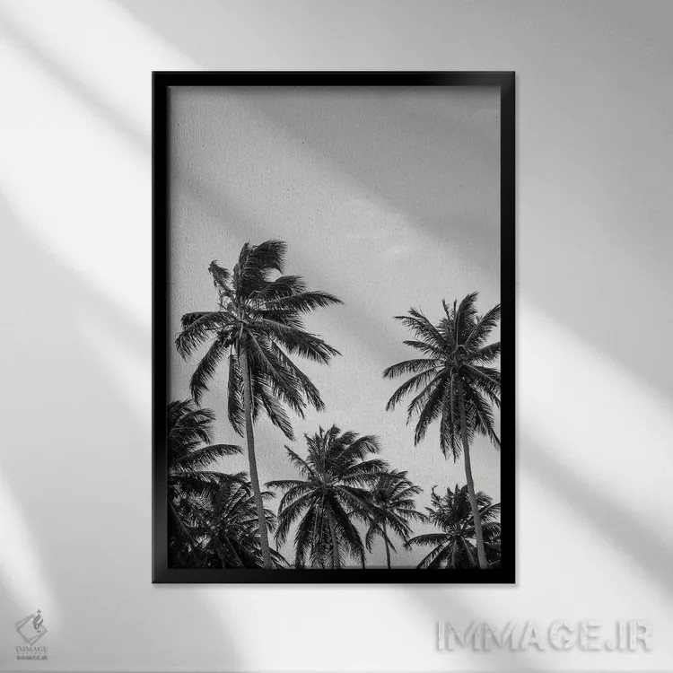 تابلو دکوراتیو نخل ها در فضای خاکستری اثر دیزاین فابریکن - نمای قابدار مشکی