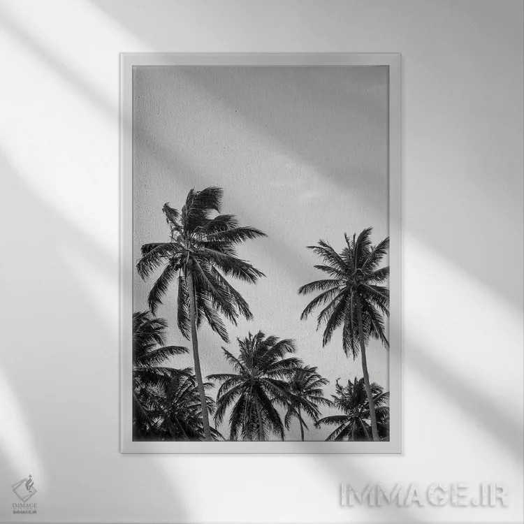 تابلو دکوراتیو نخل ها در فضای خاکستری اثر دیزاین فابریکن - نمای قابدار سفید