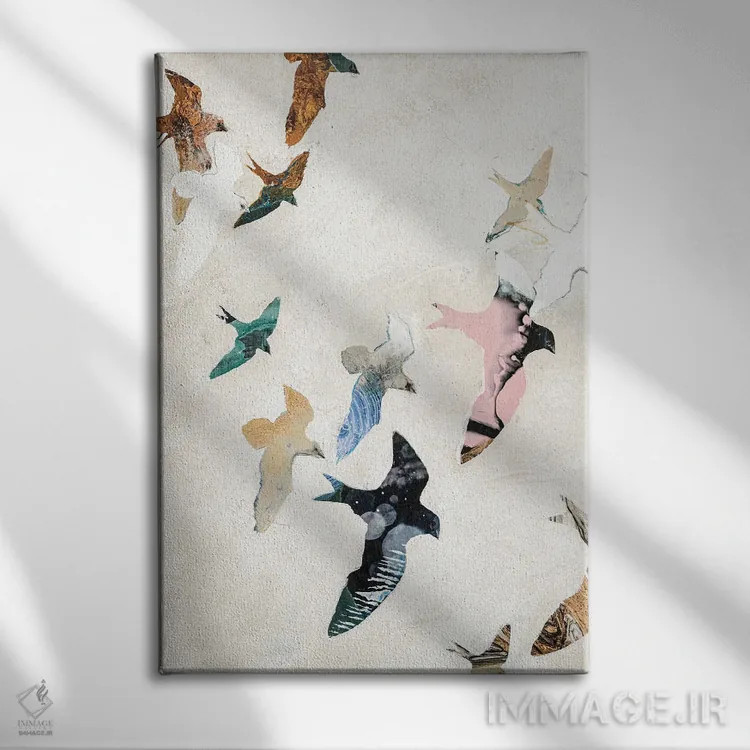 تابلو دکوراتیو پرندگان انتزاعی ۲ اثر دیزاین فابریکن - نمای روبهرو روی دیوار