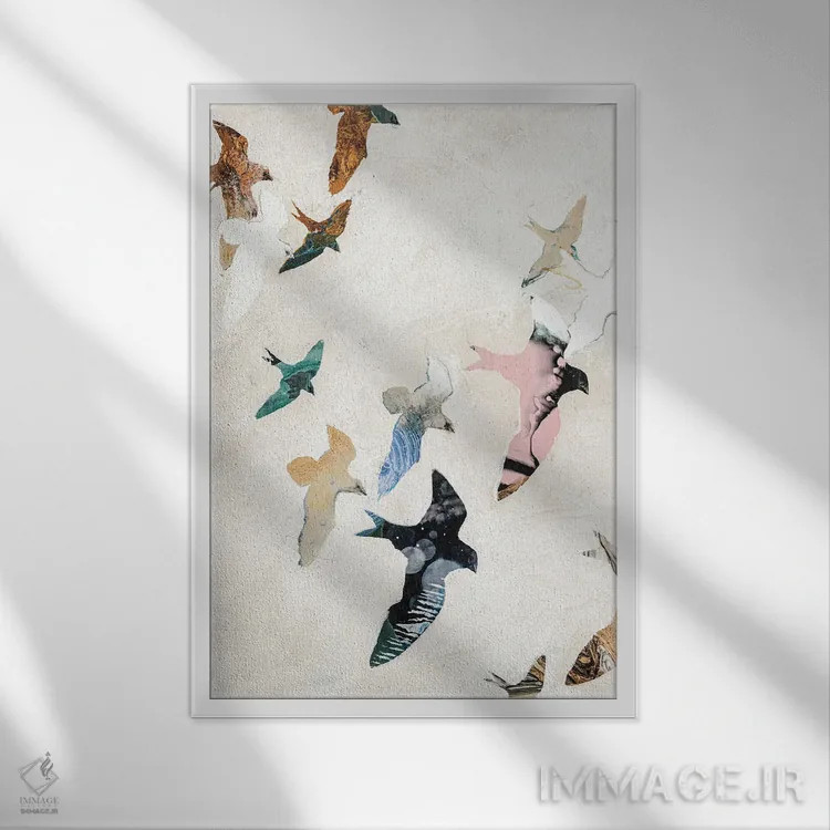 تابلو دکوراتیو پرندگان انتزاعی ۲ اثر دیزاین فابریکن - نمای قابدار سفید