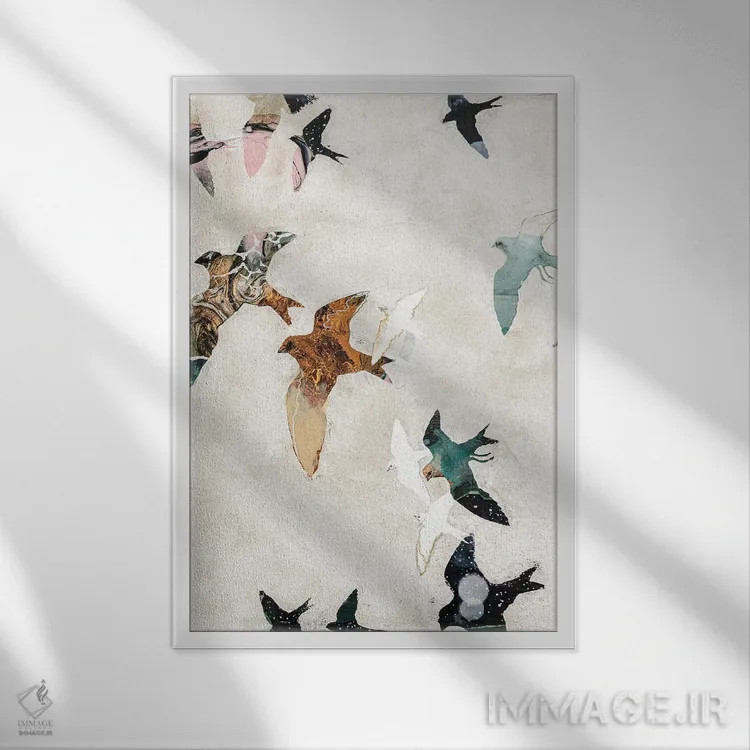 تابلو دکوراتیو پرندگان انتزاعی ۱ اثر دیزاین فابریکن - نمای قابدار سفید