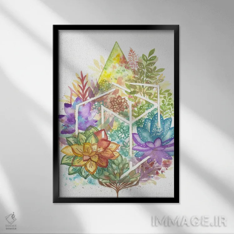 تابلو انتزاعی گل هندسی اثر اف ان کی دیزاینز - نمای قابدار مشکی