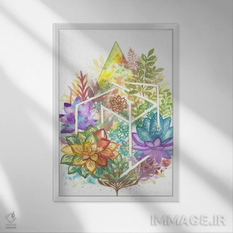 تابلو انتزاعی گل هندسی اثر اف ان کی دیزاینز - نمای قابدار سفید