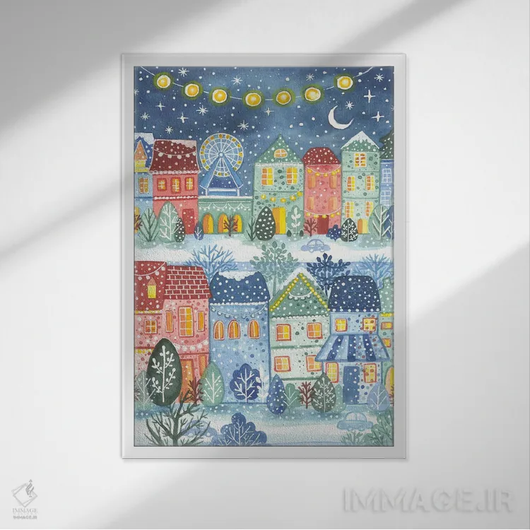 تابلو دکوراتیو چراغ های جشن اثر اف ان کی دیزاینز - نمای قابدار سفید