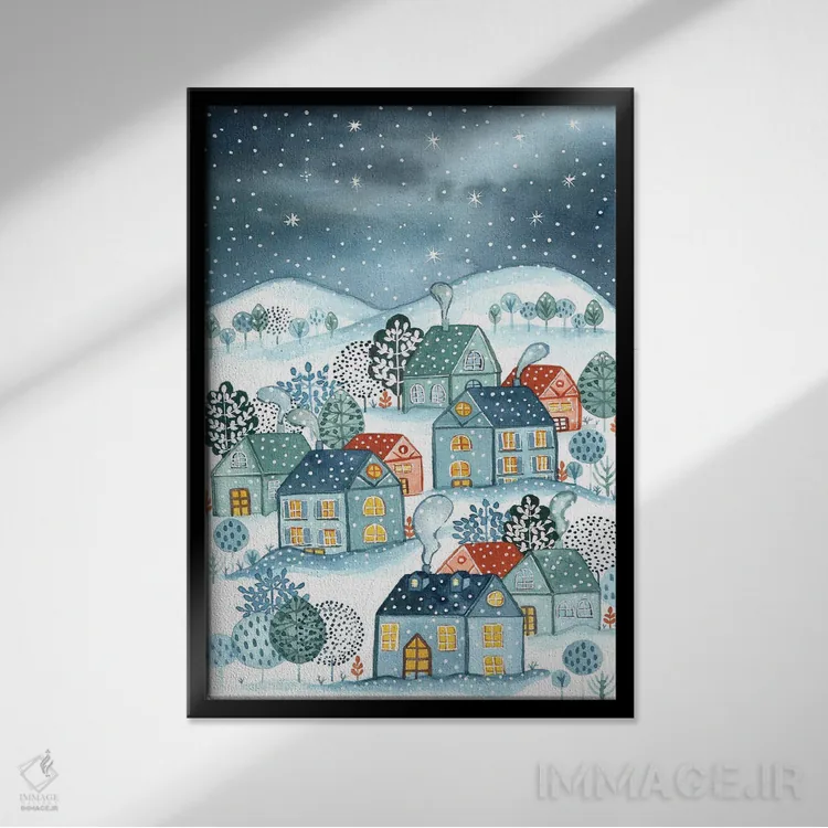 تابلو دکوراتیو شب اولین برف اثر اف ان کی دیزاینز - نمای قابدار مشکی