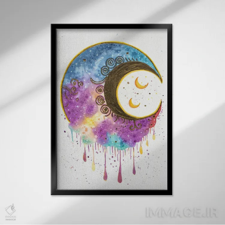 تابلو دکوراتیو ماه با ورق طلا اثر اف ان کی دیزاینز - نمای قابدار مشکی