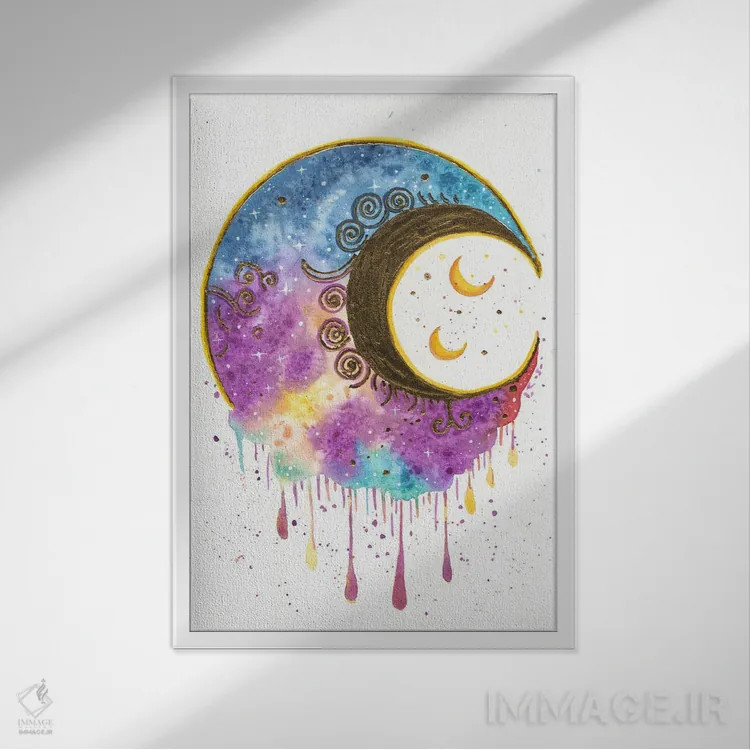 تابلو دکوراتیو ماه با ورق طلا اثر اف ان کی دیزاینز - نمای قابدار سفید