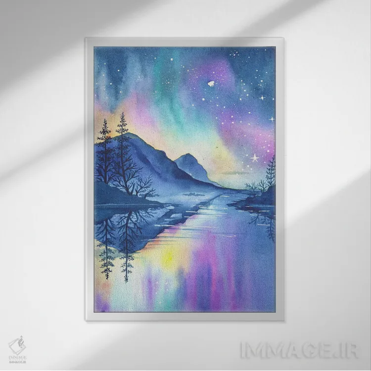 تابلو دکوراتیو شفق قطبی در کوهستان ها اثر اف ان کی دیزاینز - نمای قابدار سفید