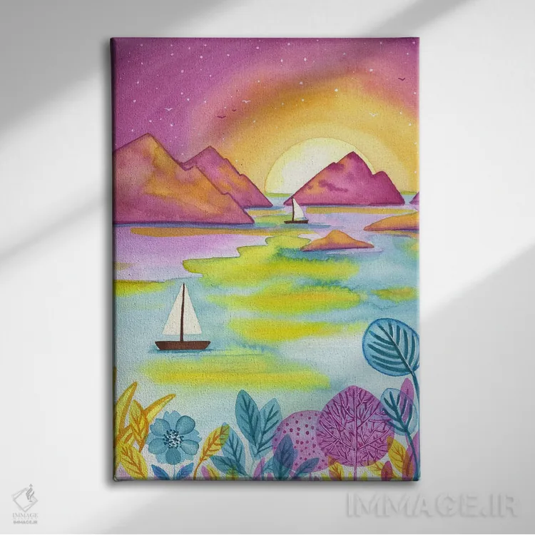 تابلو دکوراتیو غروب صورتی اثر اف ان کی دیزاینز - نمای روبهرو روی دیوار