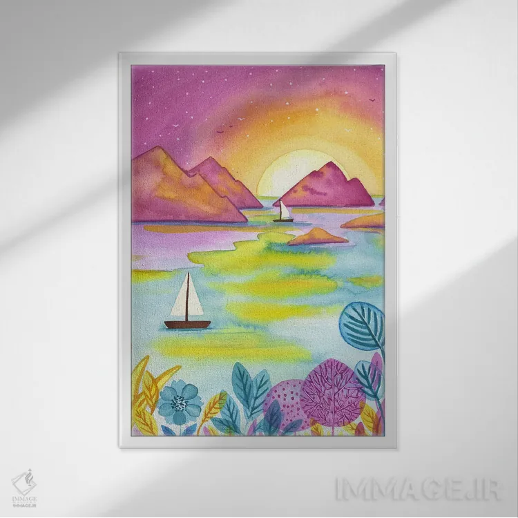 تابلو دکوراتیو غروب صورتی اثر اف ان کی دیزاینز - نمای قابدار سفید