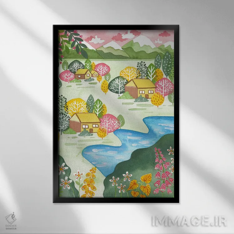 تابلو دکوراتیو کوه های بهاری اثر اف ان کی دیزاینز - نمای قابدار مشکی