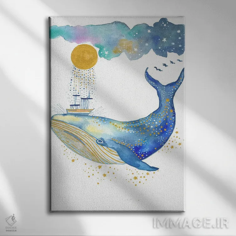 تابلو دکوراتیو نقاشی نهنگ اثر اف ان کی دیزاینز - نمای روبهرو روی دیوار