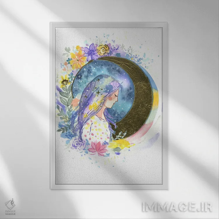 تابلو دکوراتیو دختر ماه اثر اف ان کی دیزاینز - نمای قابدار سفید