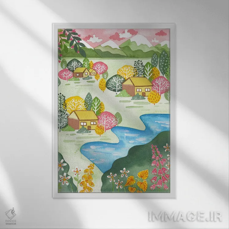 تابلو دکوراتیو کوه های بهاری اثر اف ان کی دیزاینز - نمای قابدار سفید