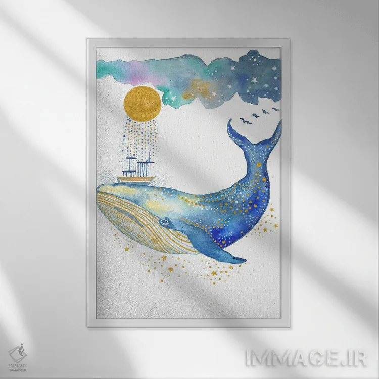 تابلو دکوراتیو نقاشی نهنگ اثر اف ان کی دیزاینز - نمای قابدار سفید