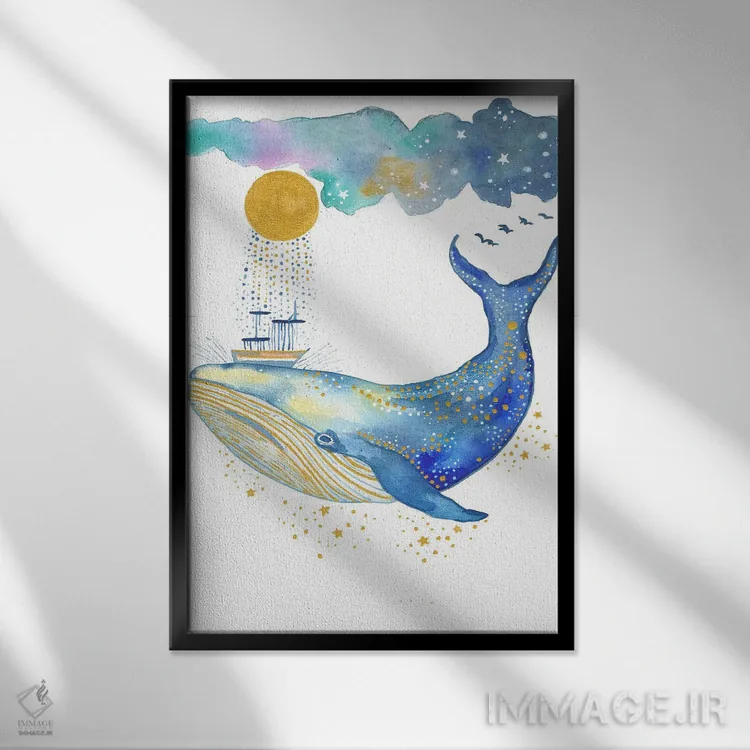 تابلو دکوراتیو نقاشی نهنگ اثر اف ان کی دیزاینز - نمای قابدار مشکی