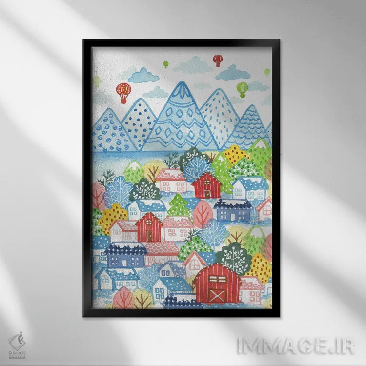 تابلو دکوراتیو روستای زمستانی اثر اف ان کی دیزاینز - نمای قابدار مشکی