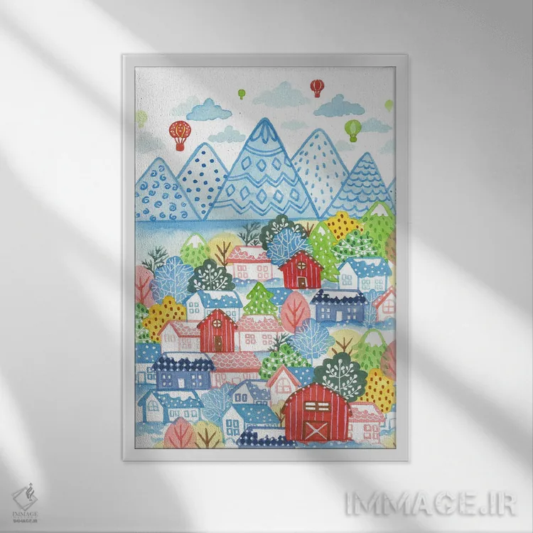 تابلو دکوراتیو روستای زمستانی اثر اف ان کی دیزاینز - نمای قابدار سفید