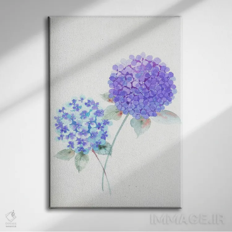 تابلو دکوراتیو هورتانسیا بنفش اثر اف ان کی دیزاینز - نمای روبهرو روی دیوار