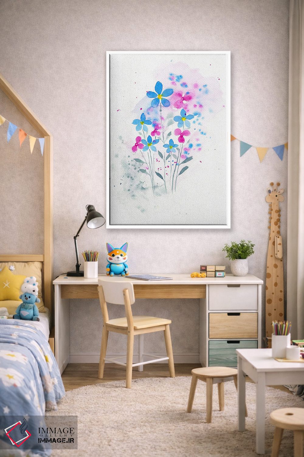 تابلو دکوراتیو گل های صورتی و آبی اثر اف ان کی دیزاینز - D1W