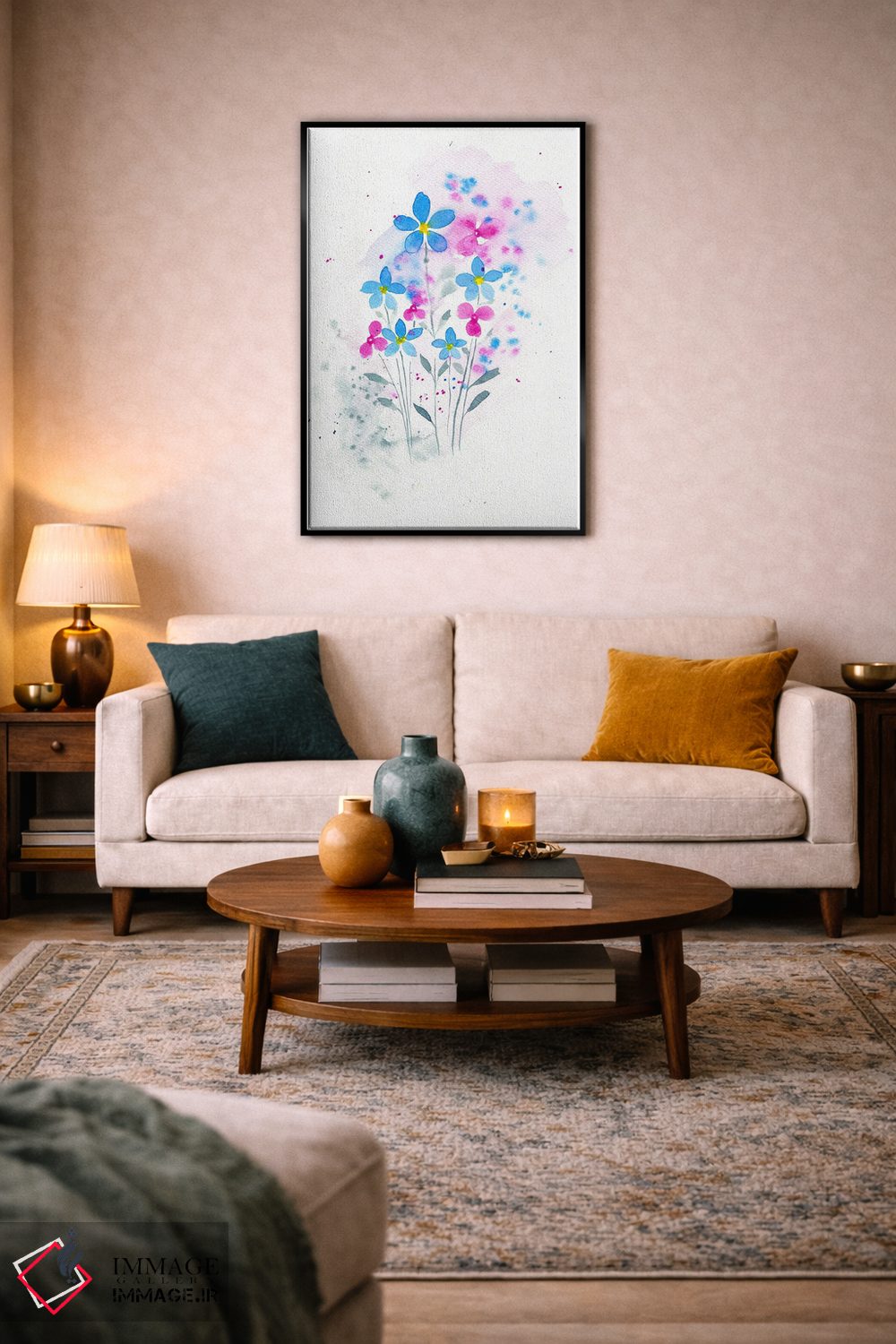 تابلو دکوراتیو گل های صورتی و آبی اثر اف ان کی دیزاینز - D6B