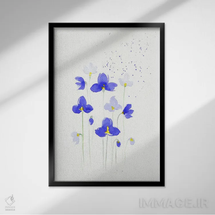 تابلو دکوراتیو گل های آبی اثر اف ان کی دیزاینز - نمای قابدار مشکی
