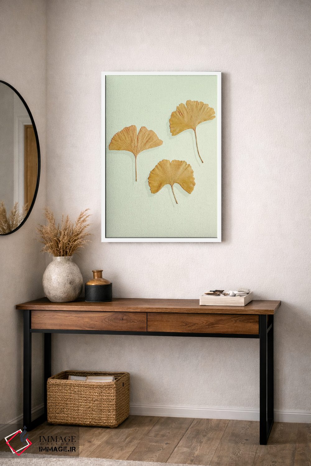 تابلو مینیمال سه تایی برگ جینکوی طلایی اثر آلیسون فنل - D3W