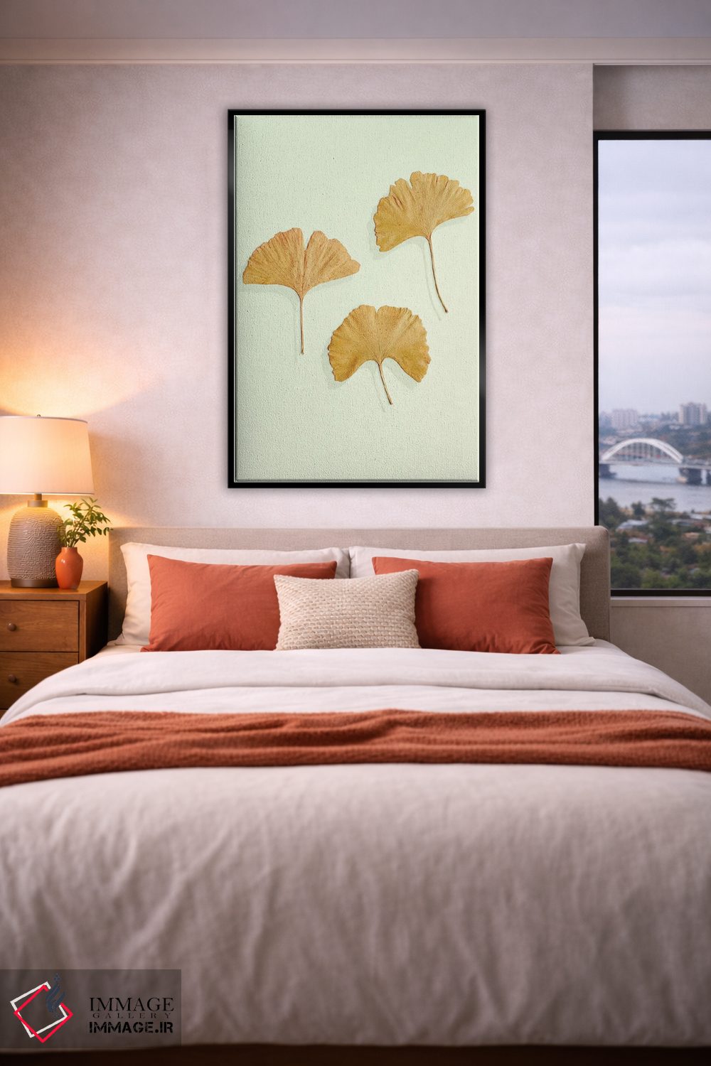 تابلو مینیمال سه تایی برگ جینکوی طلایی اثر آلیسون فنل - D6B