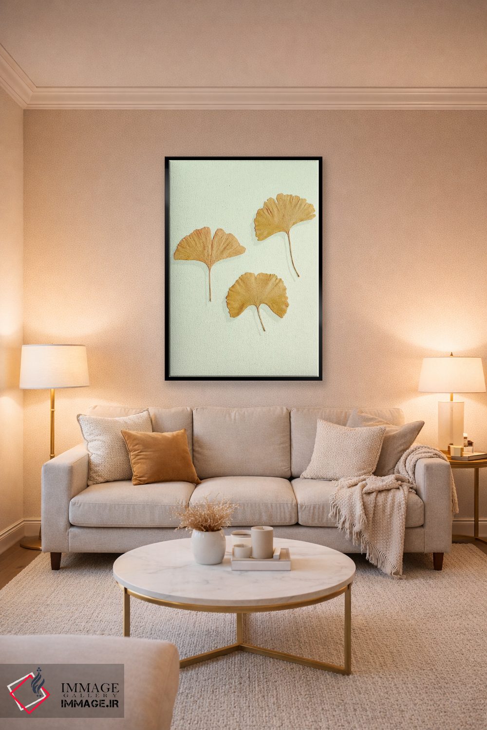 تابلو مینیمال سه تایی برگ جینکوی طلایی اثر آلیسون فنل - D5B