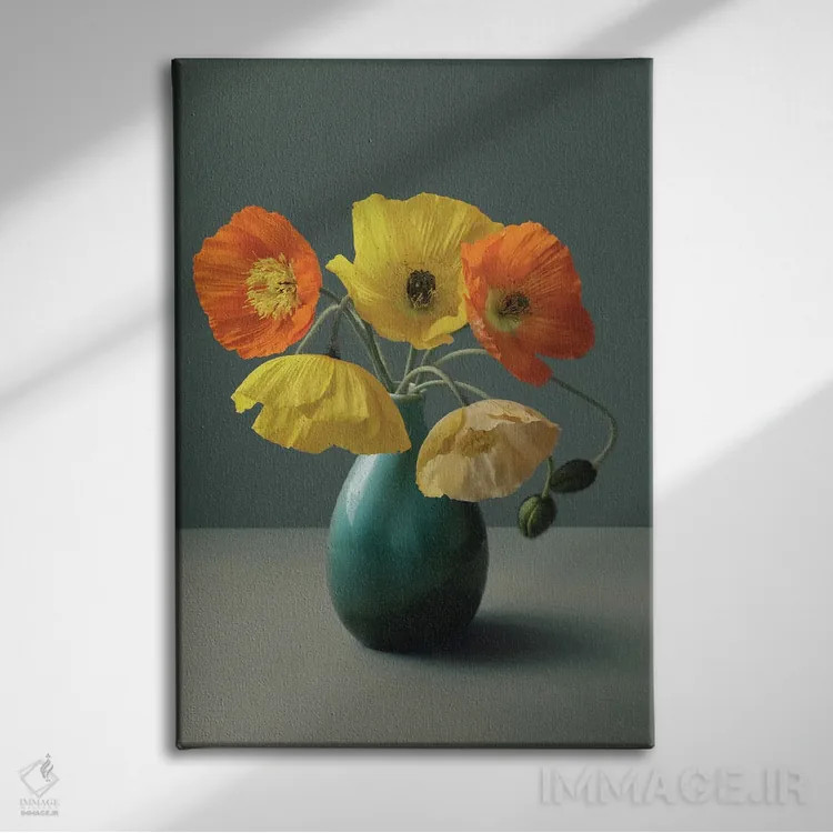 تابلو دکوراتیو طبیعت بی جان خشخاش ایسلندی اثر آلیسون فنل - نمای روبهرو روی دیوار