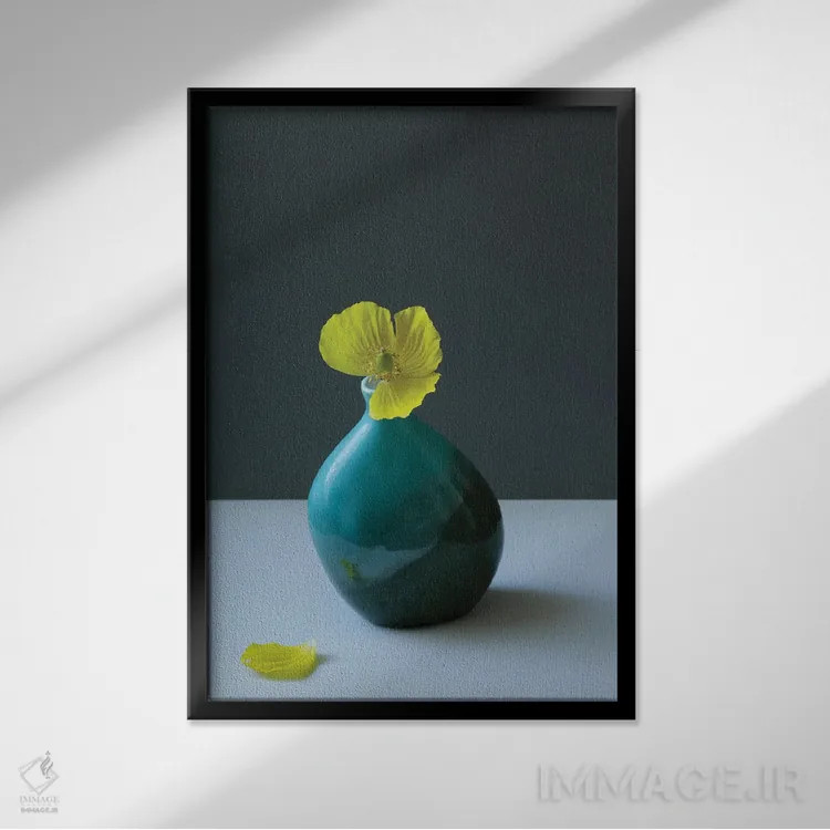 تابلو دکوراتیو طبیعت بی جان خشخاش زرد ولزی اثر آلیسون فنل - نمای قابدار مشکی