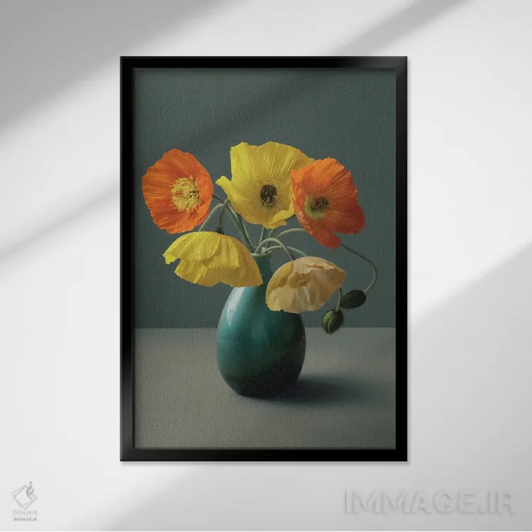 تابلو دکوراتیو طبیعت بی جان خشخاش ایسلندی اثر آلیسون فنل - نمای قابدار مشکی