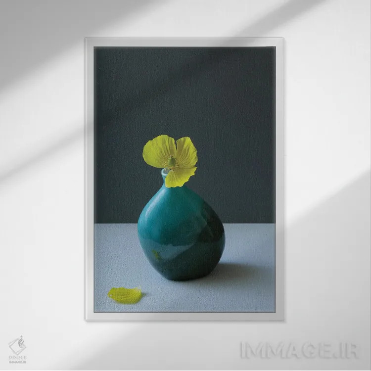 تابلو دکوراتیو طبیعت بی جان خشخاش زرد ولزی اثر آلیسون فنل - نمای قابدار سفید