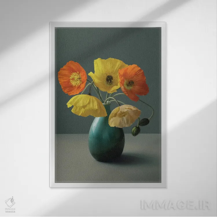 تابلو دکوراتیو طبیعت بی جان خشخاش ایسلندی اثر آلیسون فنل - نمای قابدار سفید