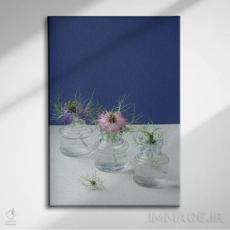 تابلو دکوراتیو طبیعت بی جان گل های نایجلا اثر آلیسون فنل - نمای روبهرو روی دیوار