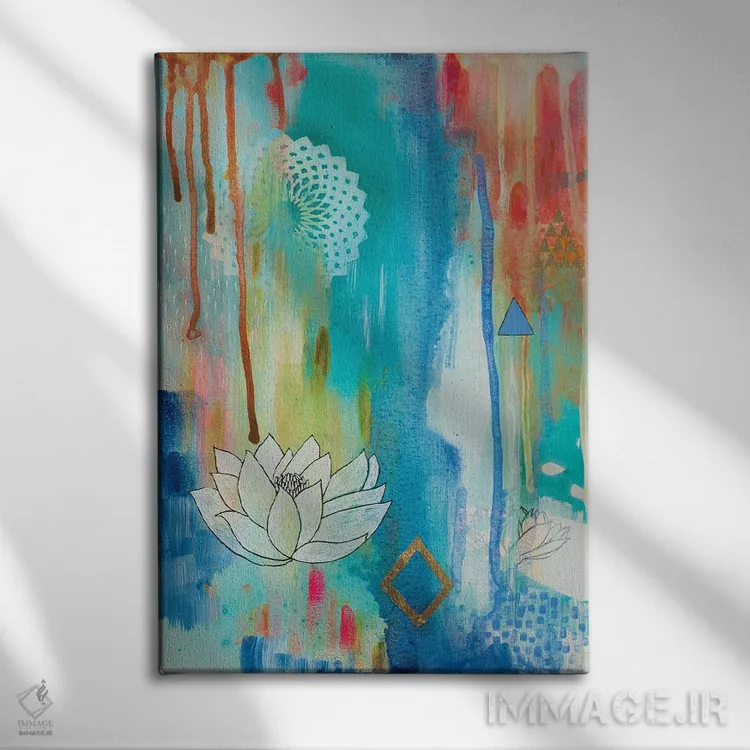 تابلو انتزاعی شکوفه لوتوس اثر فیث ایوانز-سیلز - نمای روبهرو روی دیوار