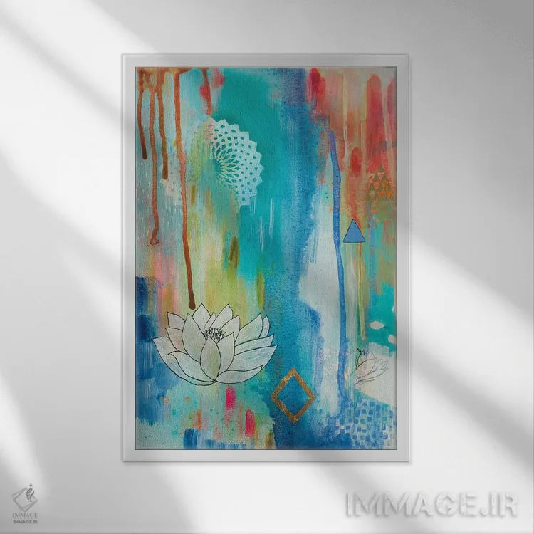 تابلو انتزاعی شکوفه لوتوس اثر فیث ایوانز-سیلز - نمای قابدار سفید