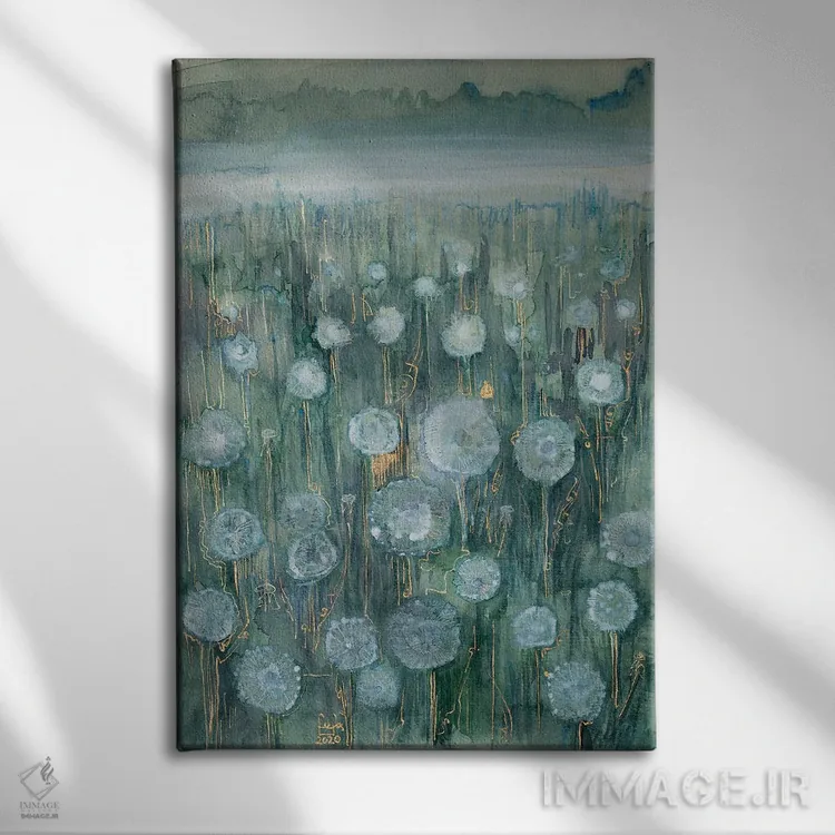 تابلو انتزاعی چمنزار نقره ای اثر فافا کورولوا - نمای روبهرو روی دیوار