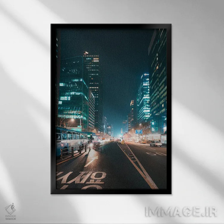 تابلو دکوراتیو چراغ های شبانه سئول یک اثر فابیان فورتمن - نمای قابدار مشکی