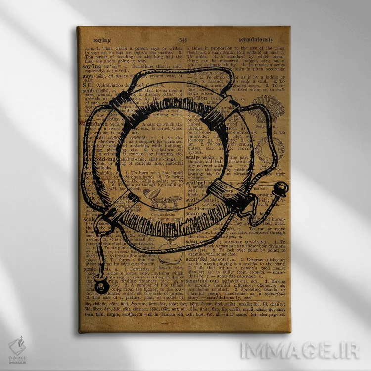 تابلو دکوراتیو حکاکی حلقه نجات روی کاغذ قدیمی اثر فیشرکرافت - نمای روبهرو روی دیوار