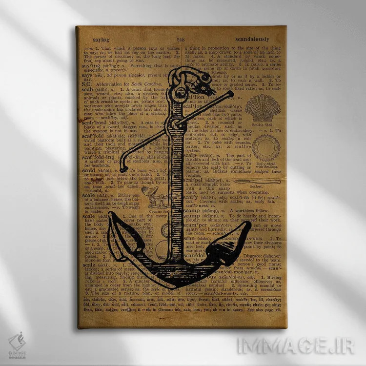 تابلو دکوراتیو حکاکی لنگر روی کاغذ قدیمی اثر فیشرکرافت - نمای روبهرو روی دیوار