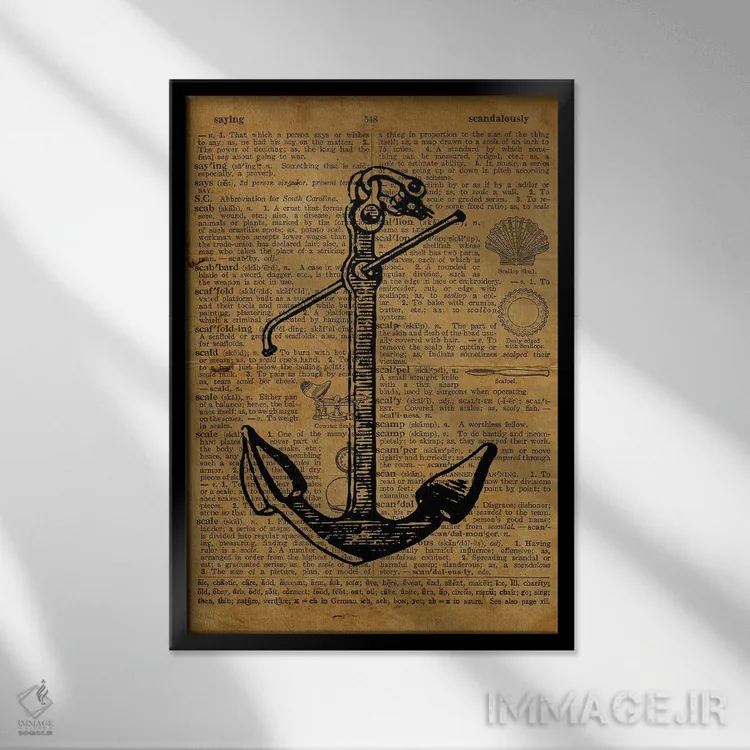 تابلو دکوراتیو حکاکی لنگر روی کاغذ قدیمی اثر فیشرکرافت - نمای قابدار مشکی