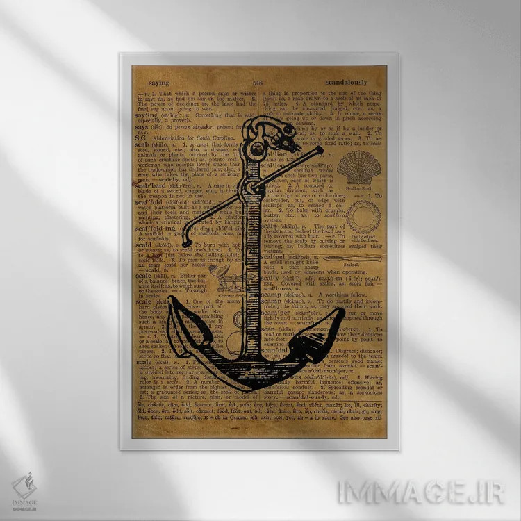 تابلو دکوراتیو حکاکی لنگر روی کاغذ قدیمی اثر فیشرکرافت - نمای قابدار سفید