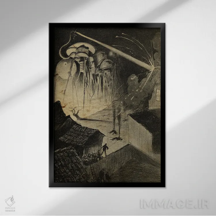 تابلو دکوراتیو حمله شبانه جنگ دنیاها اثر فیشرکرافت - نمای قابدار مشکی